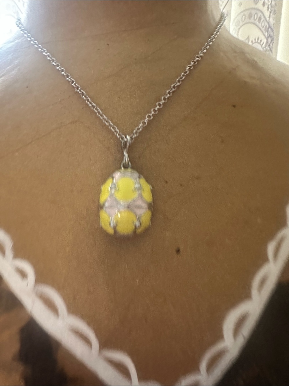 Yellow Enamel Egg Pendant Necklace - Women's Silver Tone Jewelry
